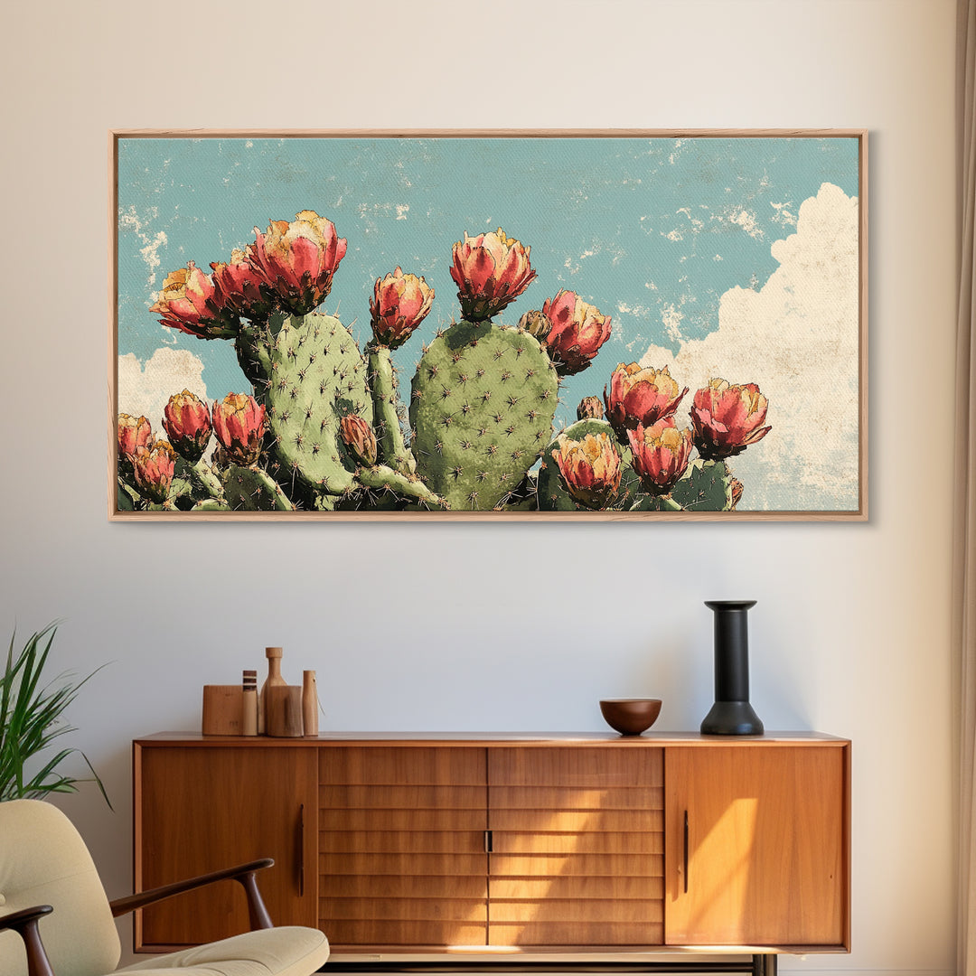 Blooming Prickly Pear Cactus Wall Art, Desert Botanical Canvas Decor, Southwestern Floral Print For Bedroom Or Living Room