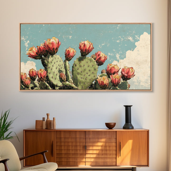 Blooming Prickly Pear Cactus Wall Art, Desert Botanical Canvas Decor, Southwestern Floral Print For Bedroom Or Living Room