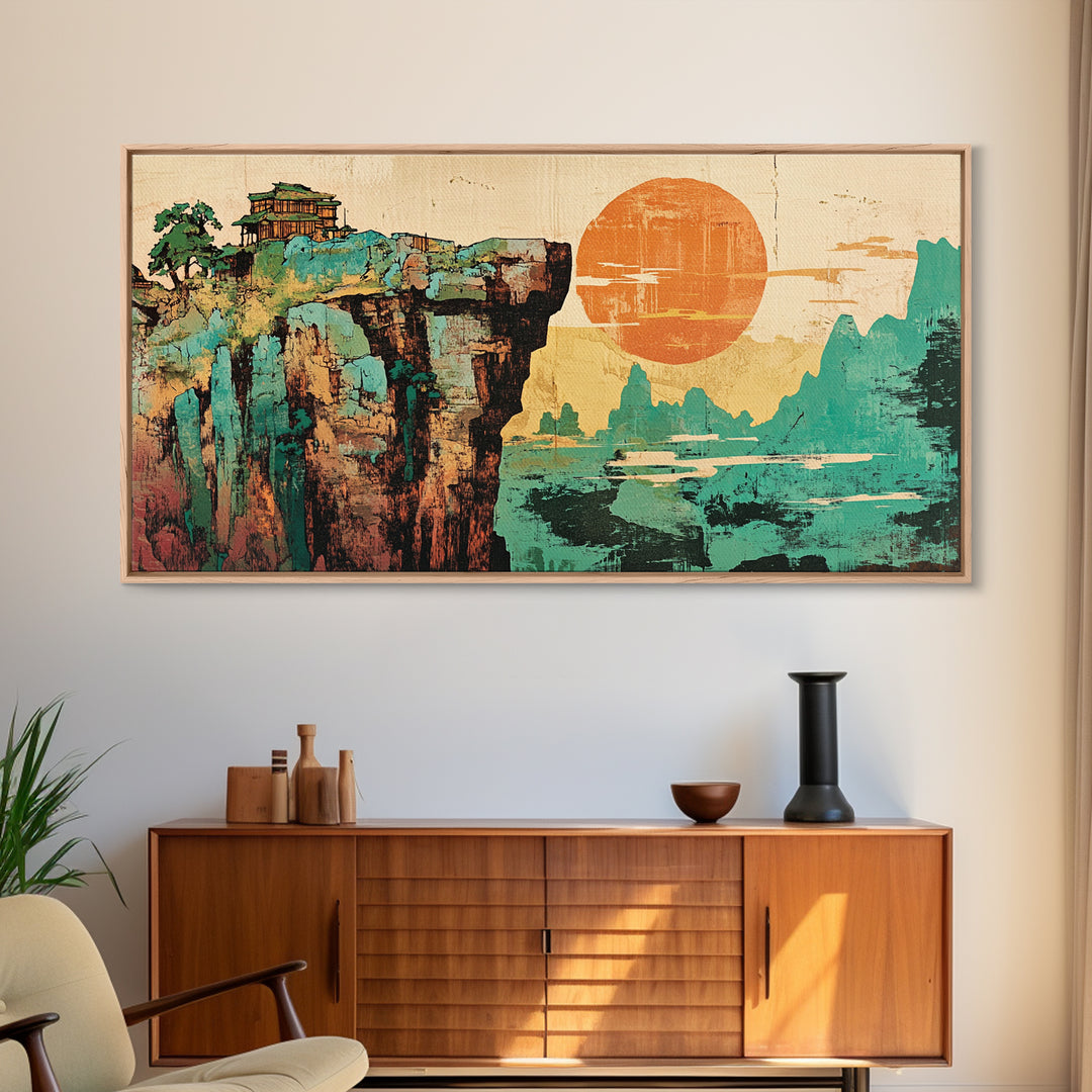Cliffside Temple And Orange Sun Framed Canvas Print, Asian Landscape Wall Art, Japandi Home Decor For Modern Living Room