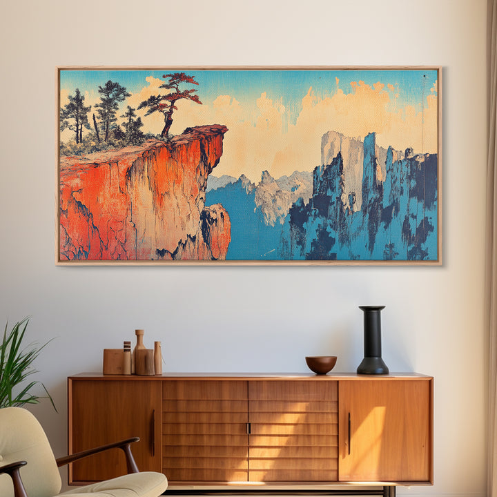 Red Canyon Cliff With Windswept Pines Canvas Print, Asian Mountain Landscape Wall Art, Large Japandi Home Decor For Living Room