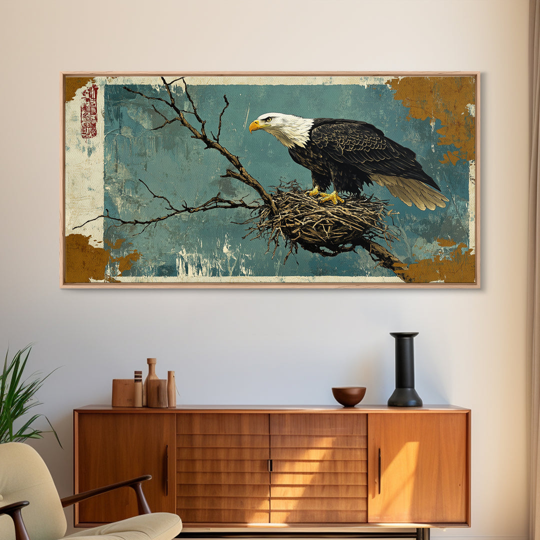 Bald Eagle On Nest With Bare Branches Wall Art, Wildlife Canvas Print, Rustic Nature Home Decor For Office Or Living Room