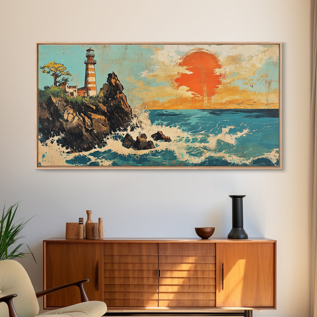 Rocky Lighthouse At Orange Ocean Sunset Framed Canvas Print, Nautical Coastal Wall Art, Beach House Decor Gift For Living Room