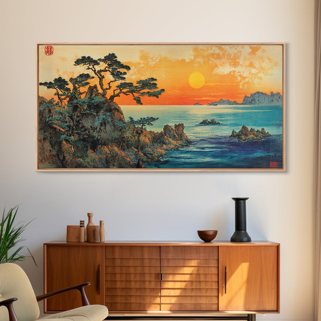 Golden Sunset Over Pine Covered Rocky Coast Canvas Print, Coastal Landscape Wall Art, Serene Beach House Decor For Living Room