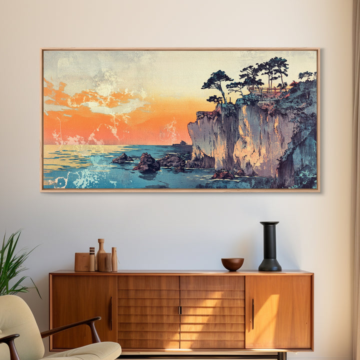 Sunset Sea Cliffs With Windswept Pines Wall Art, Coastal Canvas Print, Ocean Landscape Home Decor For Modern Living Room