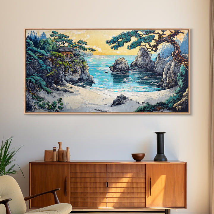 Secluded Turquoise Cove With Cliffside Temple Framed Canvas Print, Japanese Coastal Wall Art, Japandi Home Decor For Living Room