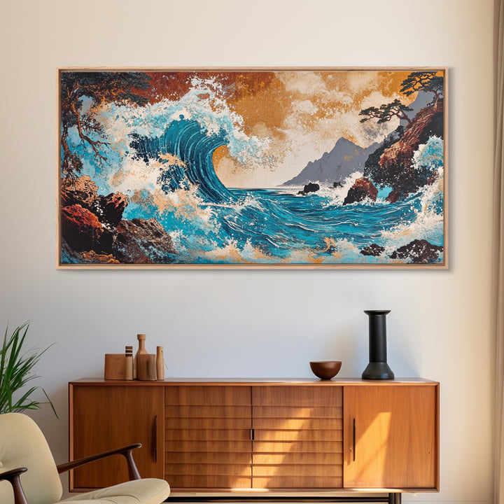 Crashing Turquoise Wave Between Rocky Cliffs Canvas Print, Japanese Ocean Wall Art, Dramatic Coastal Home Decor For Living Room