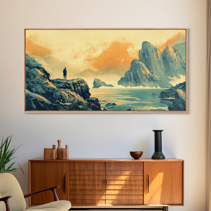 Lone Traveler Over Misty Mountain Lake Framed Canvas Print, Asian Landscape Wall Art, Calming Japandi Home Decor For Living Room