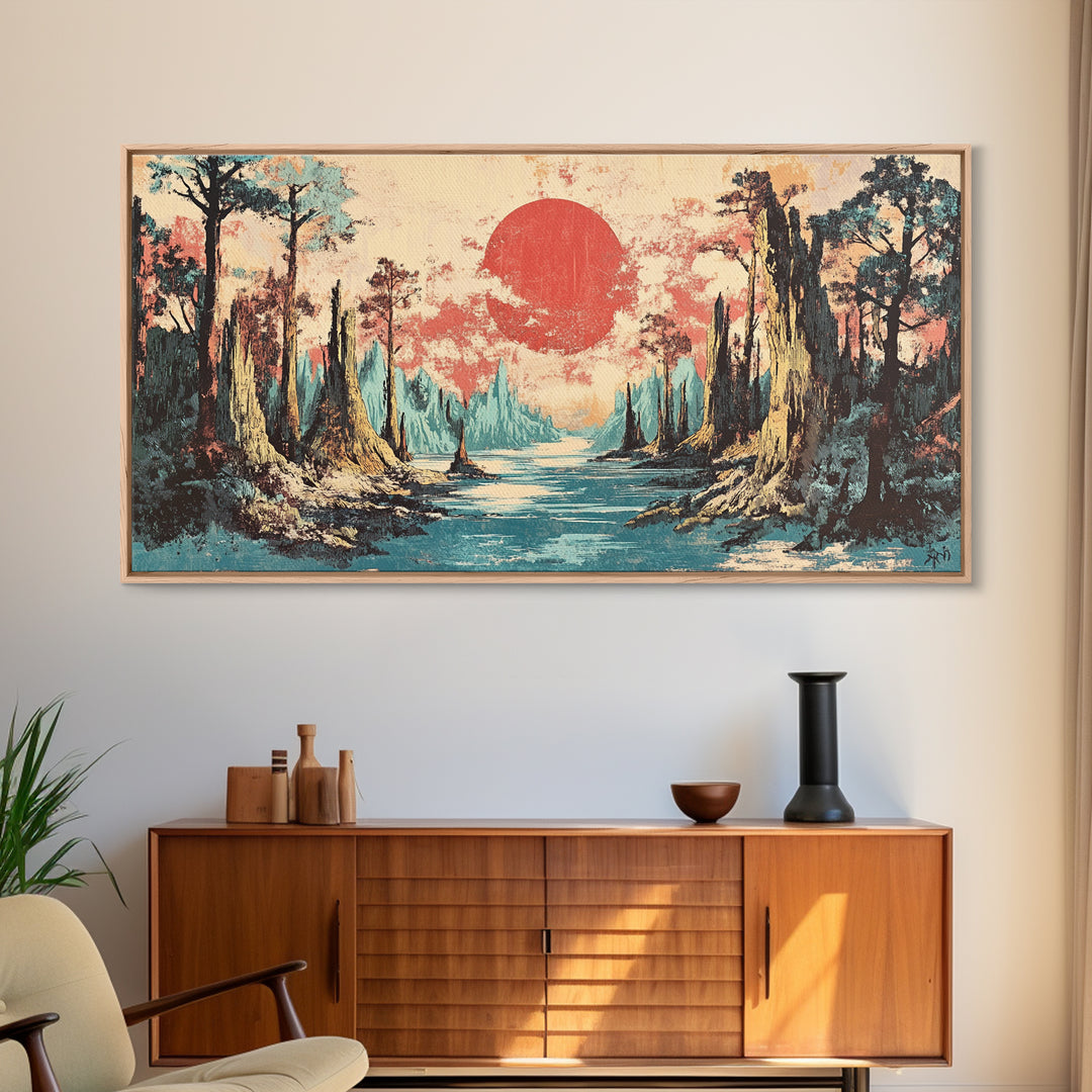 Cypress Swamp River At Red Sun Sunset Canvas Print, Bayou Landscape Wall Decor, Rustic Nature Art, Living Room Decor, Housewarming Gift
