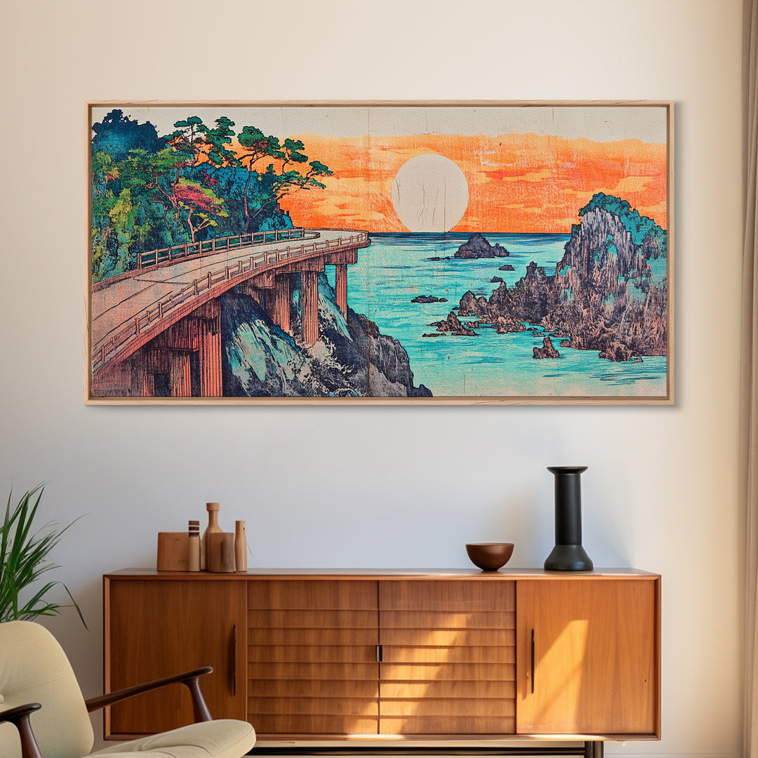Retro Coastal Bridge Over Turquoise Sea Framed Canvas Print, Japanese Landscape Art, Beach House Decor, Large Wall Art, Art Print