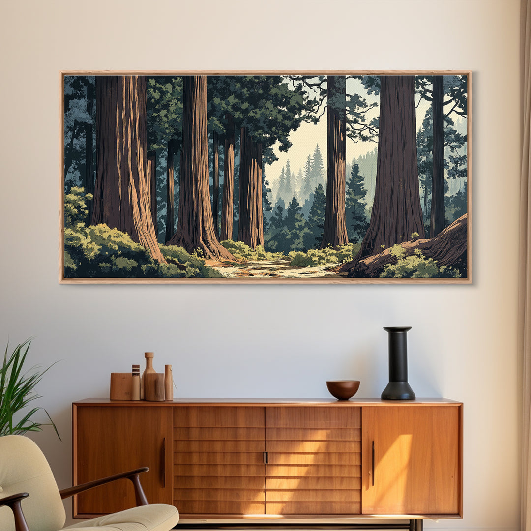 Towering Redwood Forest Trail With Tall Trees Wall Art, Nature Landscape Print, Rustic Cabin Decor, Office Wall Decor, Large Wall Art