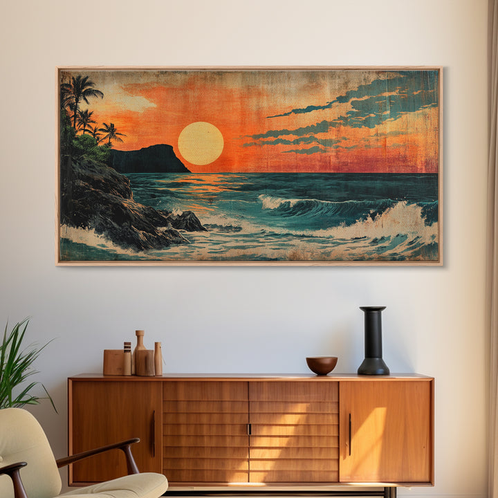 Tropical Island Sunset With Orange Sky And Waves Framed Canvas Print, Coastal Wall Art, Beach House Decor, Ocean Art, Living Room Decor