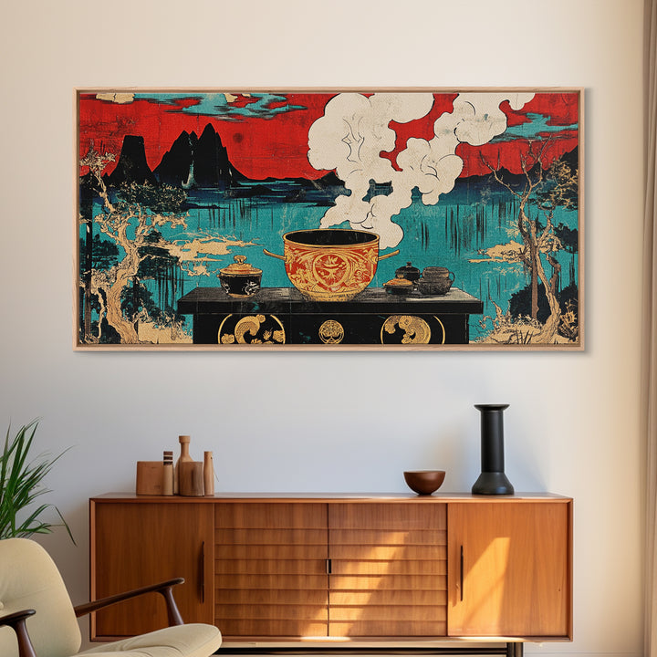 Steaming Tea Pot Before Asian Lake And Red Sky Canvas Print, Japanese Kitchen Wall Art, Zen Dining Room Decor, Tea Lover Gift