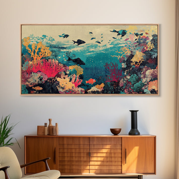 Vibrant Coral Reef Fish And Sharks Wall Art, Coastal Ocean Canvas Decor, Tropical Sea Life Print, Beach House Gift, Living Room Decor
