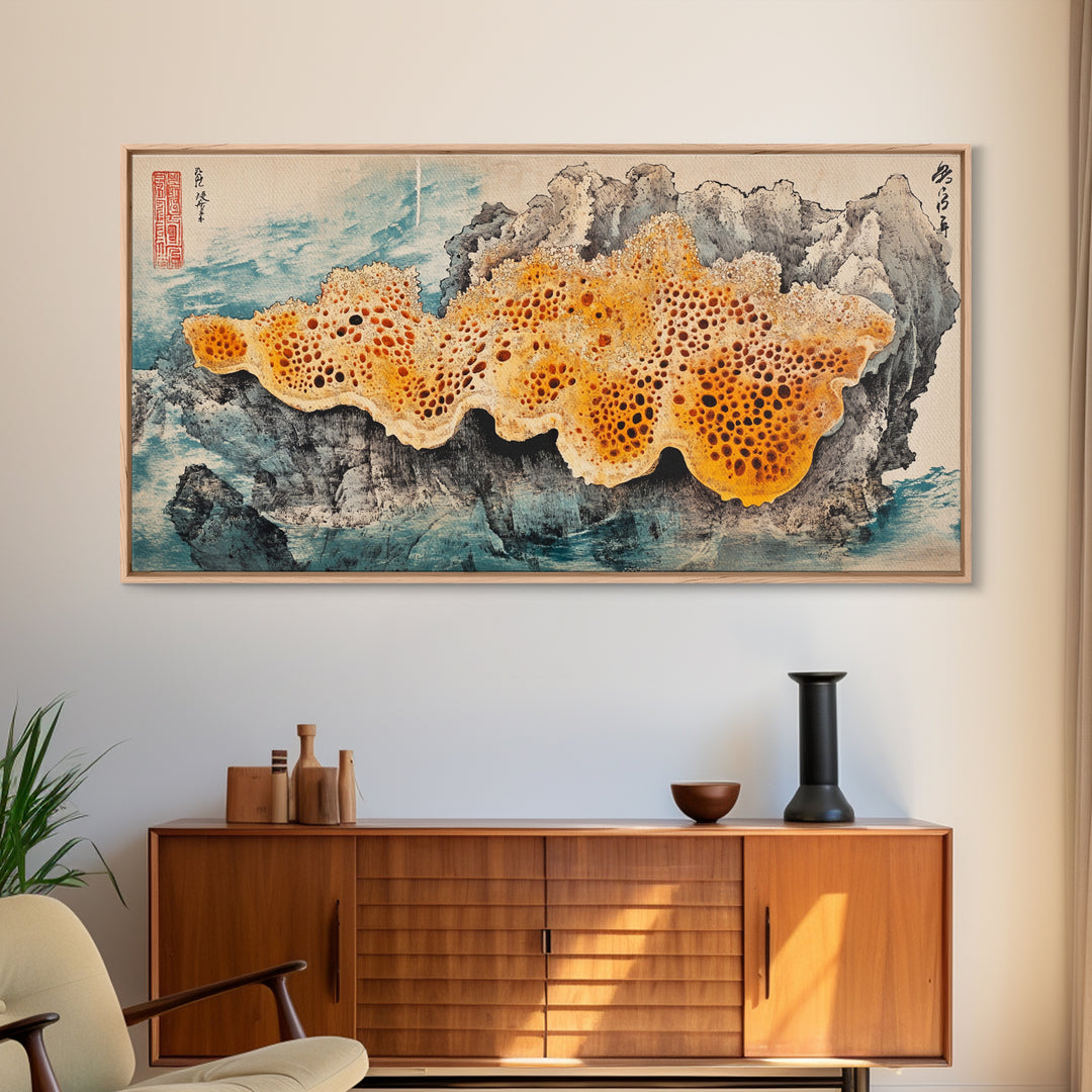 Orange Sea Sponge On Rock Wall Art, Japanese Coastal Print, Ocean Life Decor, Textured Marine Canvas, Beach House Gift, Wall Decor