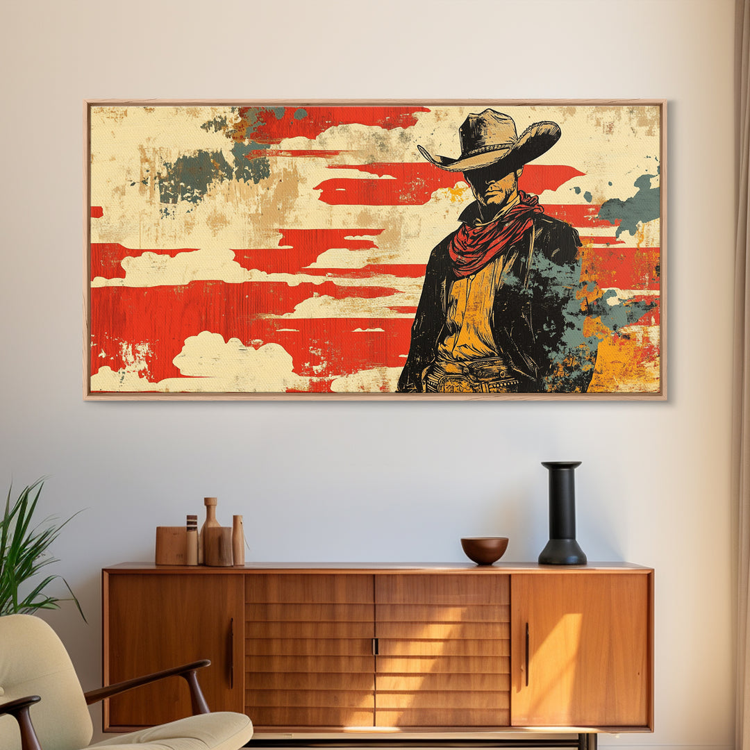 Lone Cowboy Under Red Sky Wall Art, Western Canvas Print, Rustic Ranch Decor, Masculine Office Art, Gift For Him, Cowboy Wall Decor