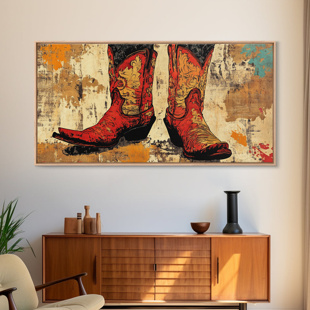 Red Embroidered Cowboy Boots Wall Art, Western Canvas Print, Cowgirl Decor, Rustic Farmhouse Gift, Statement Western Decor
