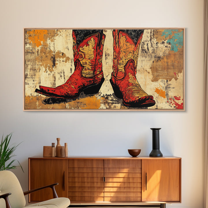 Red Embroidered Cowboy Boots Wall Art, Western Canvas Print, Cowgirl Decor, Rustic Farmhouse Gift, Statement Western Decor