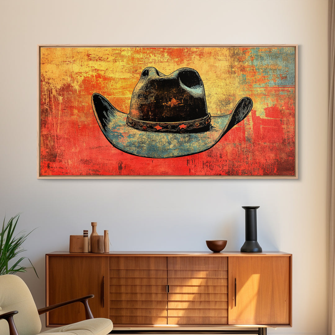 Weathered Blue Cowboy Hat Wall Art, Western Canvas Print, Rustic Ranch Decor, Masculine Man Cave Gift, Southwestern Style
