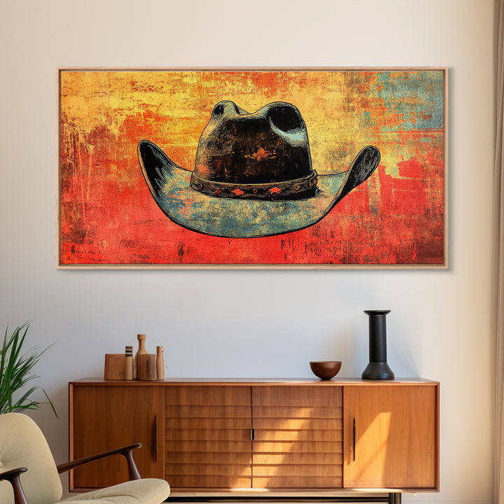 Weathered Blue Cowboy Hat Wall Art, Western Canvas Print, Rustic Ranch Decor, Masculine Man Cave Gift, Southwestern Style