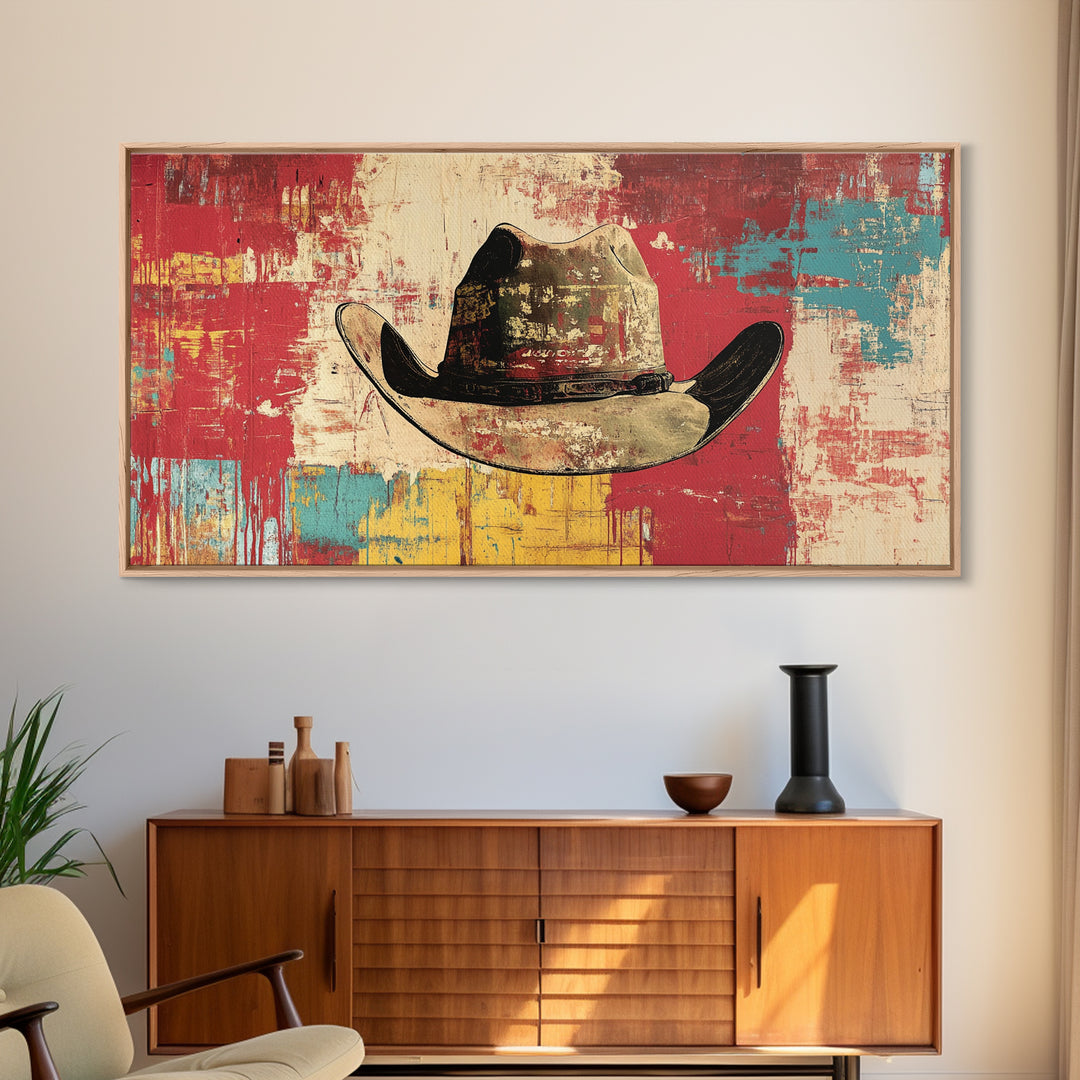 Distressed Cowboy Hat On Red Turquoise Wall Art, Western Canvas Print, Rustic Ranch Decor, Man Cave Gift, Modern Decor Print