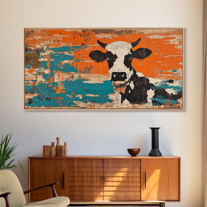 Black And White Cow On Orange Teal Rustic Canvas Print, Farmhouse Wall Art, Kitchen Decor, Country Home Decor Gift For Farmhouse Style
