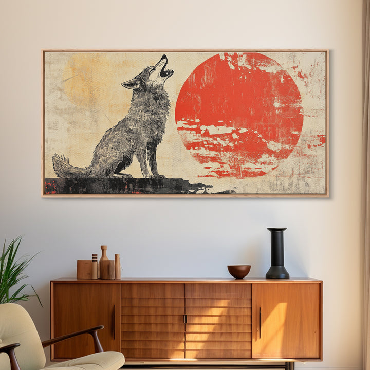 Howling Wolf With Red Sun Framed Canvas Print, Rustic Wildlife Wall Art, Southwestern Decor, Nature Gift For Him, Cabin Home Decor