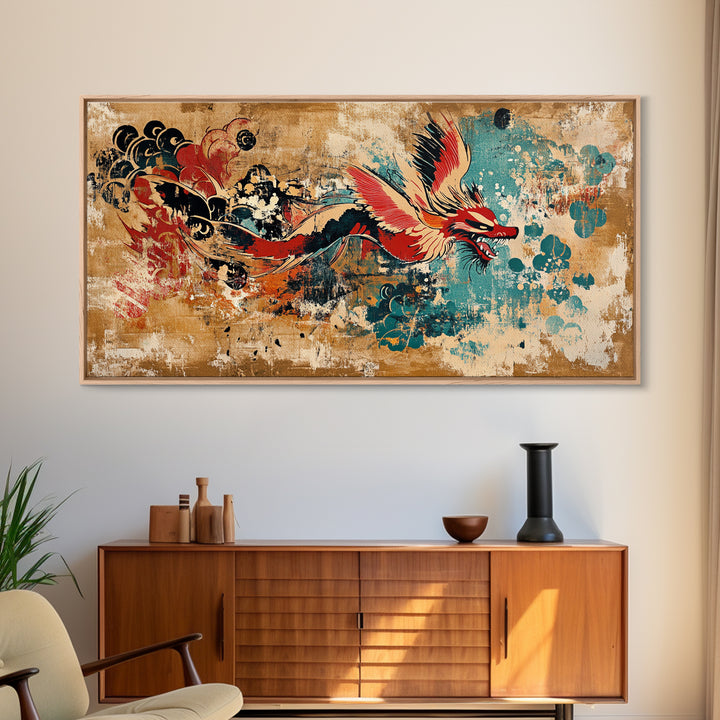 Red Asian Dragon With Teal Grunge Wall Art, Japanese Canvas Print, Fantasy Decor, Vibrant Statement Artwork Gift For Him