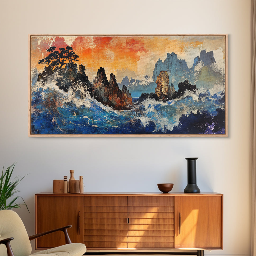 Crashing Blue Waves And Misty Mountains Canvas Print, Asian Landscape Wall Art, Modern Coastal Decor, Living Room Art Print
