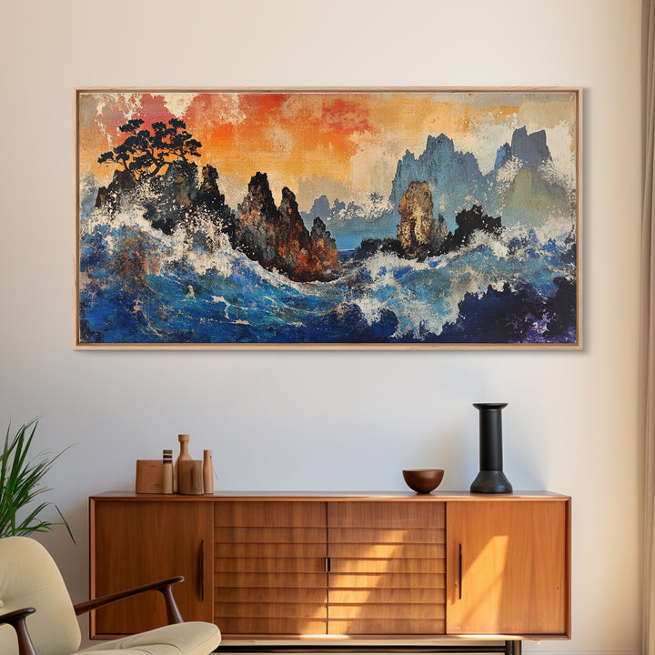 Crashing Blue Waves And Misty Mountains Canvas Print, Asian Landscape Wall Art, Modern Coastal Decor, Living Room Art Print