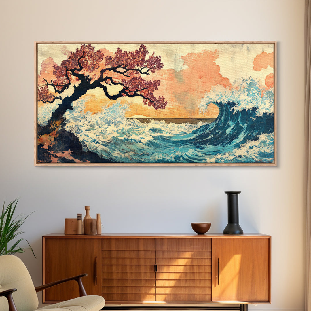 Cherry Blossom Tree And Blue Wave Framed Canvas Print, Japanese Wall Art, Coastal Decor, Serene Bedroom Wall Decor Gifts