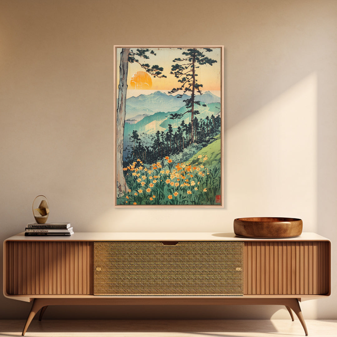 Orange Sun Mountain Forest With Wildflowers Wall Art, Japanese Woodblock Landscape Print, Nature Decor, Living Room Art Print