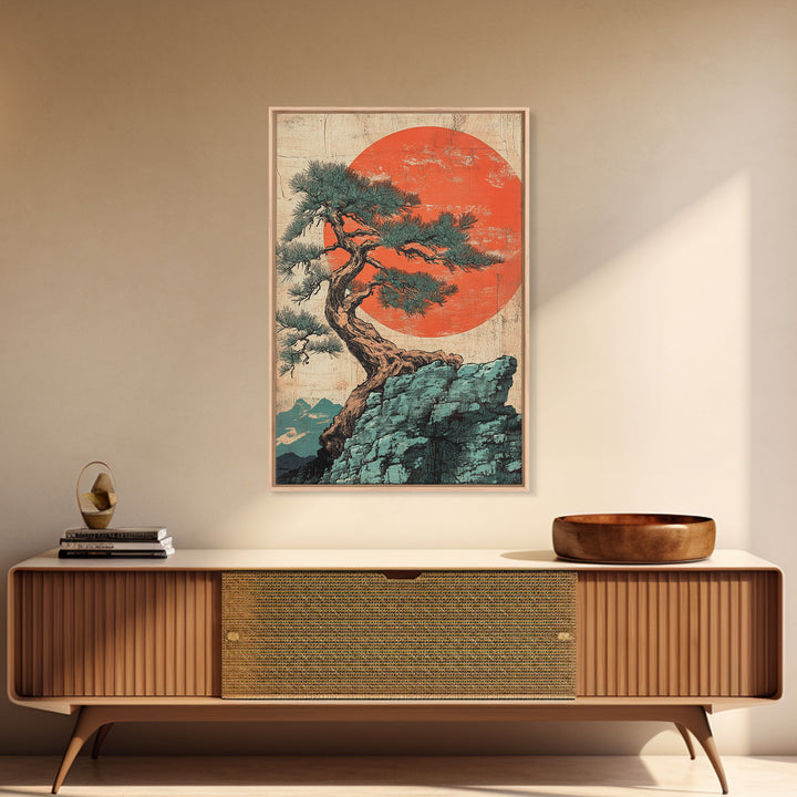 Twisted Pine Tree On Cliff With Red Sun Framed Canvas Print, Japanese Wall Art, Japandi Decor, Zen Landscape Art, Nature Home Decor