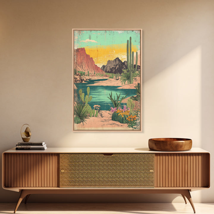 Turquoise Desert River Canyon With Saguaro Cactus Wall Art, Southwestern Landscape Print, Arizona Home Decor, Boho Decor