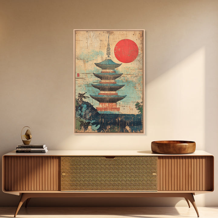 Japanese Pagoda Temple With Red Sun Framed Canvas Print, Asian Wall Art, Japandi Home Decor, Meditation Room Decor, Zen Wall Decor