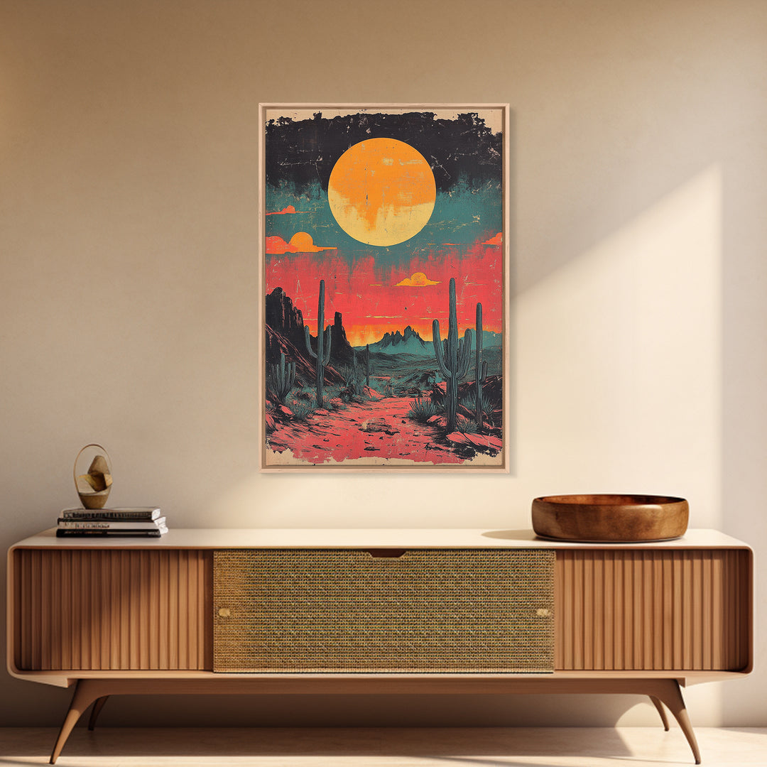 Neon Desert Sunset With Saguaro Cacti Canvas Print, Southwestern Wall Art, Retro Western Decor, Colorful Living Room Art