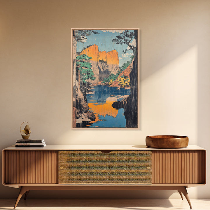 Golden Canyon River Reflection Landscape Wall Art, Japanese Woodblock Style Print, Nature Decor, Large Living Room Art Print