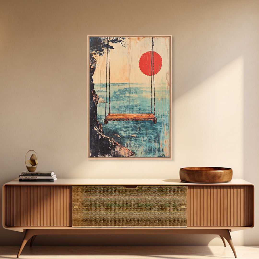Minimal Japanese Ocean Swing Wall Art, Red Sun Coastal Print, Japandi Wall Decor, Beach House Decor, Calming Canvas Print