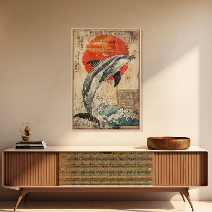 Leaping Dolphin Red Sun Wall Art, Japanese Ocean Print, Nautical Coastal Decor, Sea Life Artwork, Bathroom Canvas Print Gift
