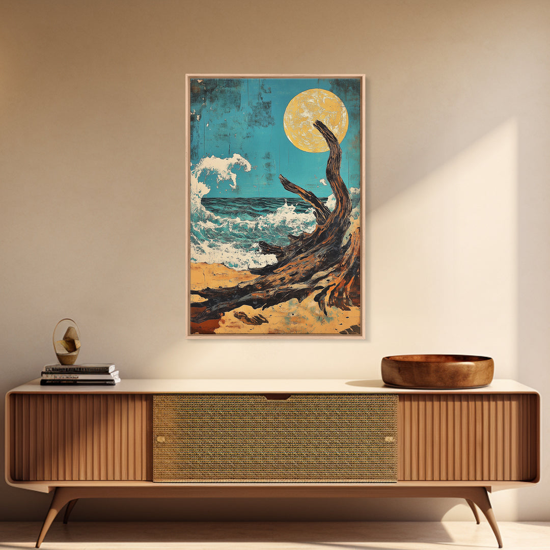 Driftwood Moonlit Ocean Waves Canvas Print, Japanese Coastal Wall Decor, Beach House Art, Teal Nautical Living Room Decor