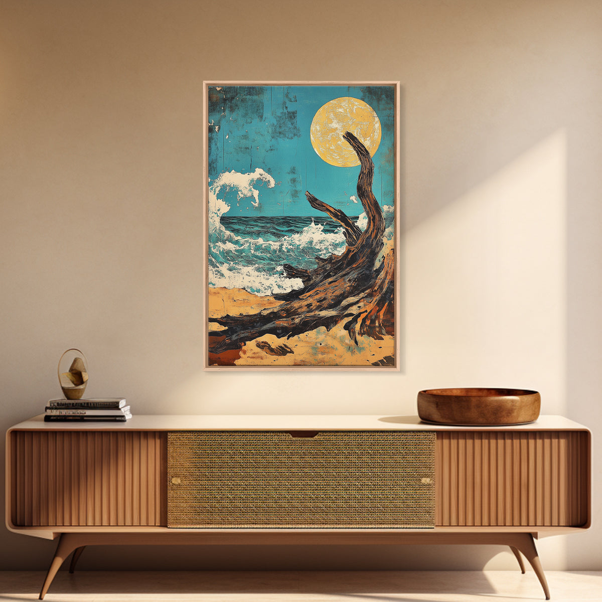 Driftwood Moonlit Ocean Waves Canvas Print, Japanese Coastal Wall Decor, Beach House Art, Teal Nautical Living Room Decor