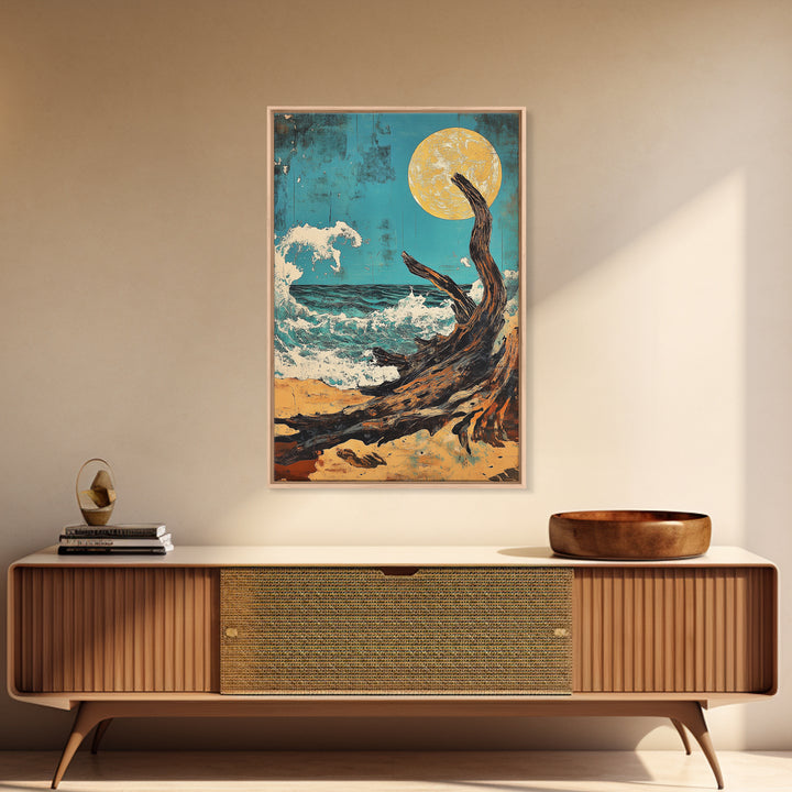 Driftwood Moonlit Ocean Waves Canvas Print, Japanese Coastal Wall Decor, Beach House Art, Teal Nautical Living Room Decor