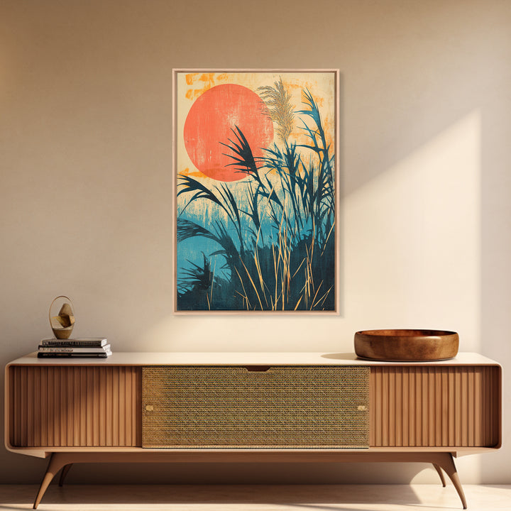 Tropical Reeds Orange Sun Canvas Print, Boho Coastal Wall Decor, Botanical Nature Art For Bedroom And Living Room Decor Gift