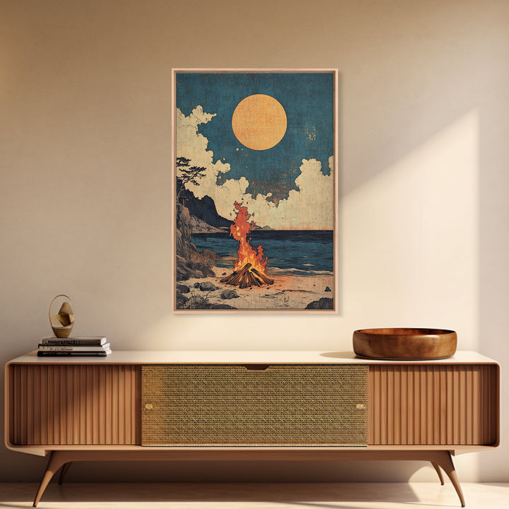 Beach Bonfire Full Moon Framed Canvas Print, Coastal Seascape Wall Art, Rustic Cabin Decor, Nautical Living Room Print Gift