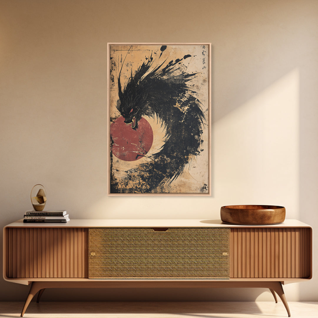 Black Ink Dragon Red Sun Canvas Print, Dark Japanese Wall Art, Fantasy Gothic Decor, Samurai Inspired Statement Artwork Print