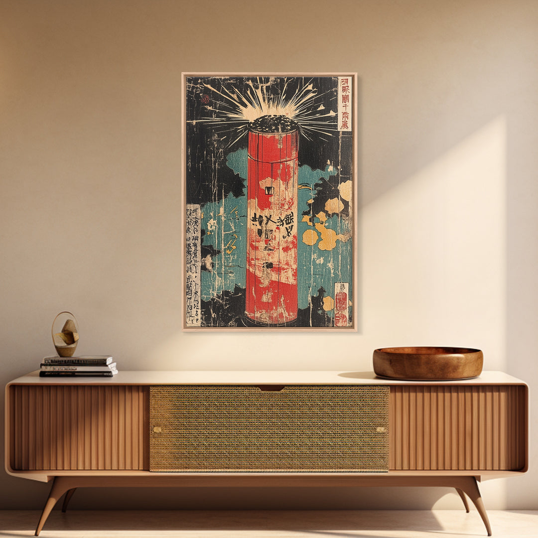 Red Firework Lantern Framed Canvas Print, Retro Japanese Wall Art, Festival Poster, Bold Asian Decor For Game Room And Office Decor