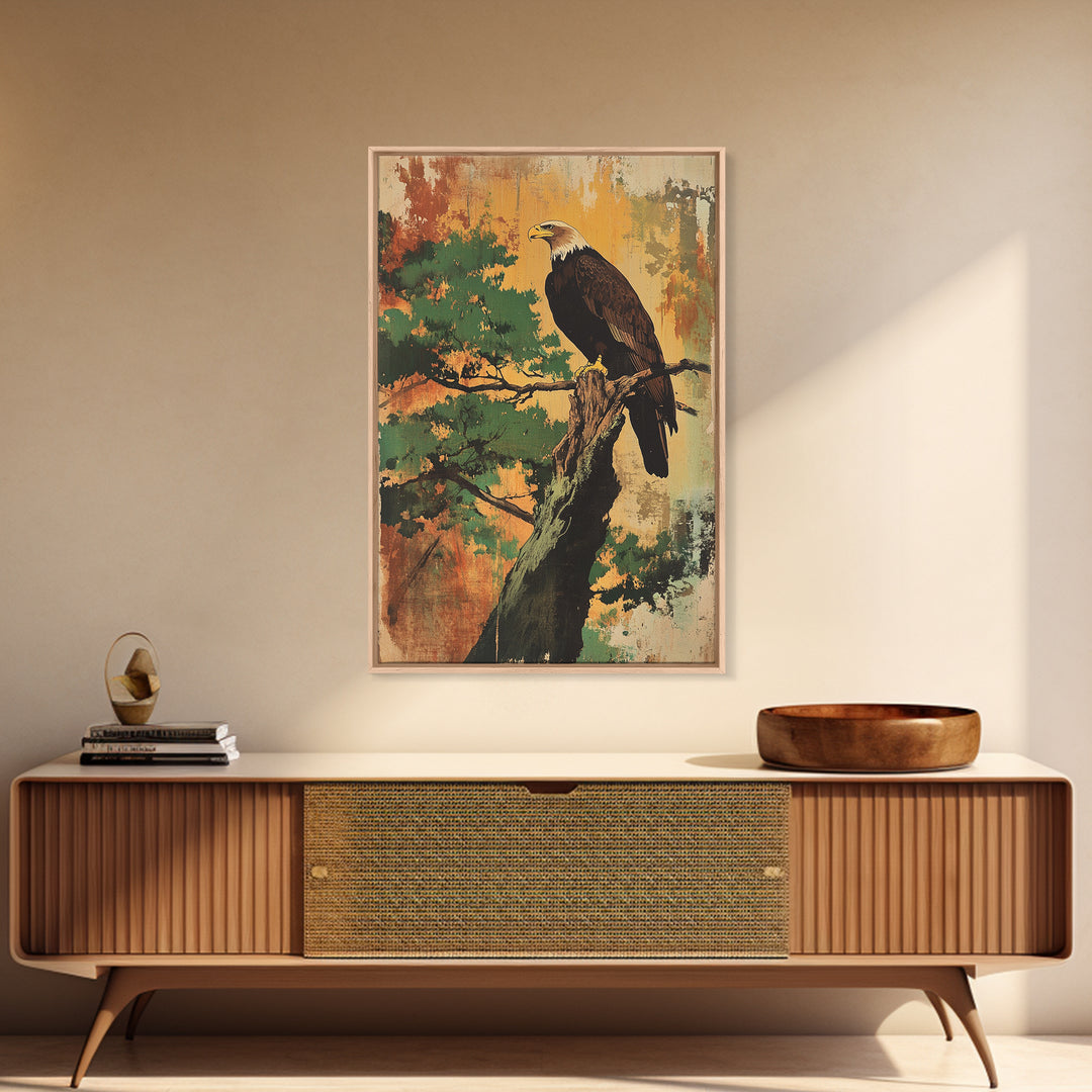 Bald Eagle On Pine Branch Canvas Print, Wildlife Wall Art, Rustic Nature Decor, Cabin Office Art, Gift For Bird Lovers Home Decor