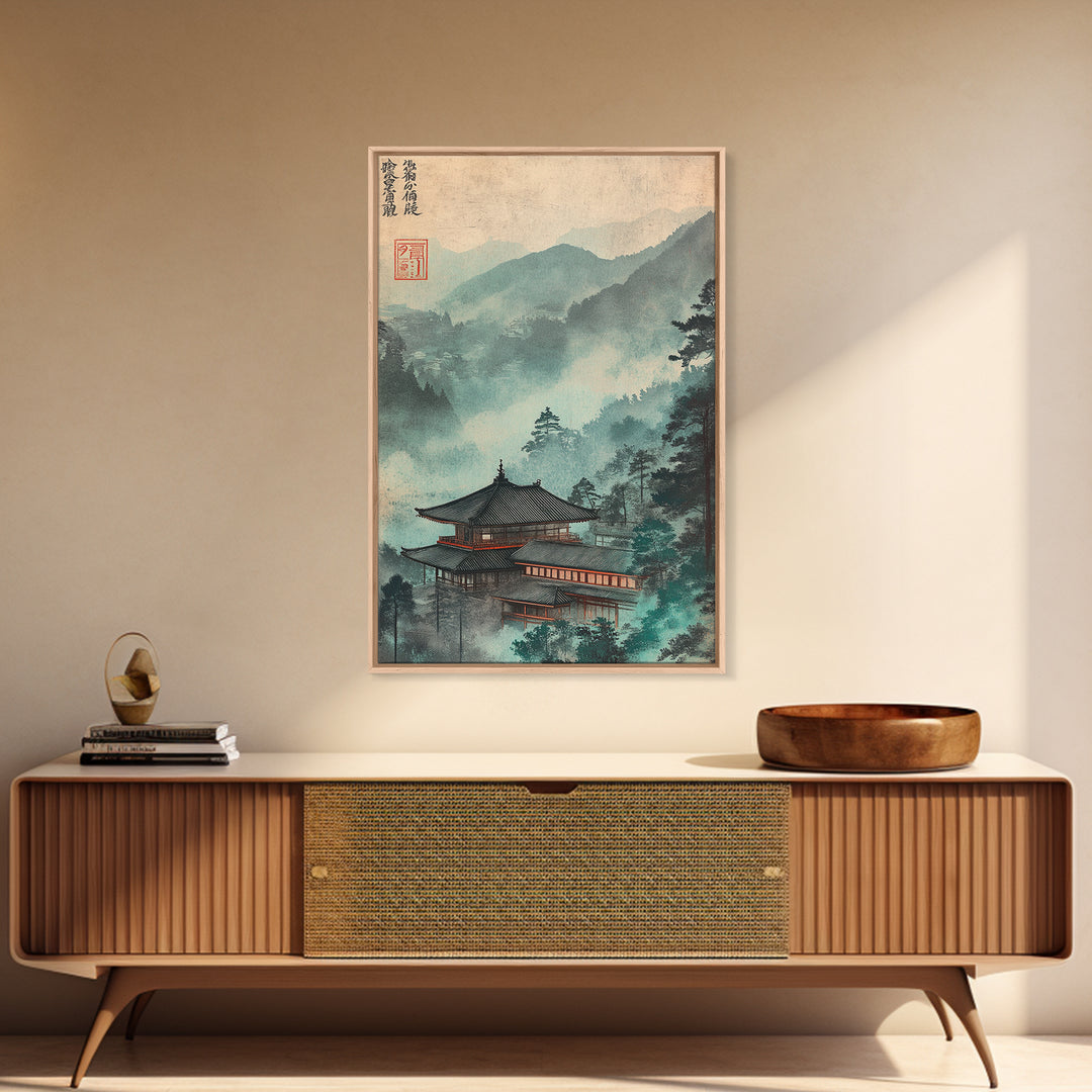 Misty Japanese Temple In Teal Mountains Wall Art, Asian Landscape Print, Japandi Decor, Zen Home Decor, Living Room Wall Art