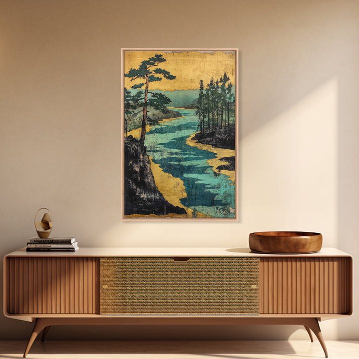 Gold River And Pine Forest Canvas Print, Japanese Landscape Art, Asian Wall Decor, Japandi Style Art, Serene Living Room Decor