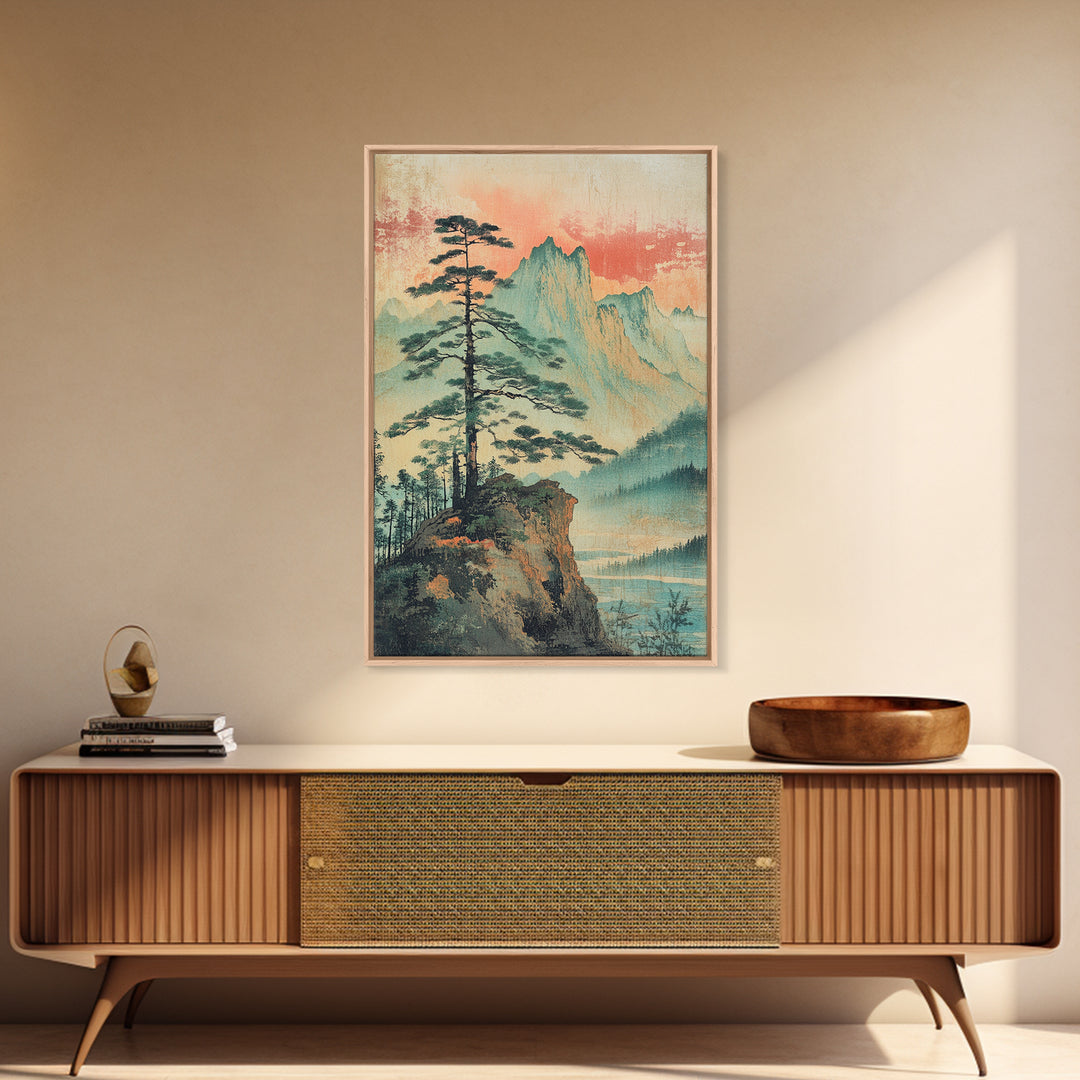 Misty Pine Cliff And Mountain Lake Wall Art, Japanese Landscape Print, Nature Wall Art, Serene Wall Art, Japandi Home Decor