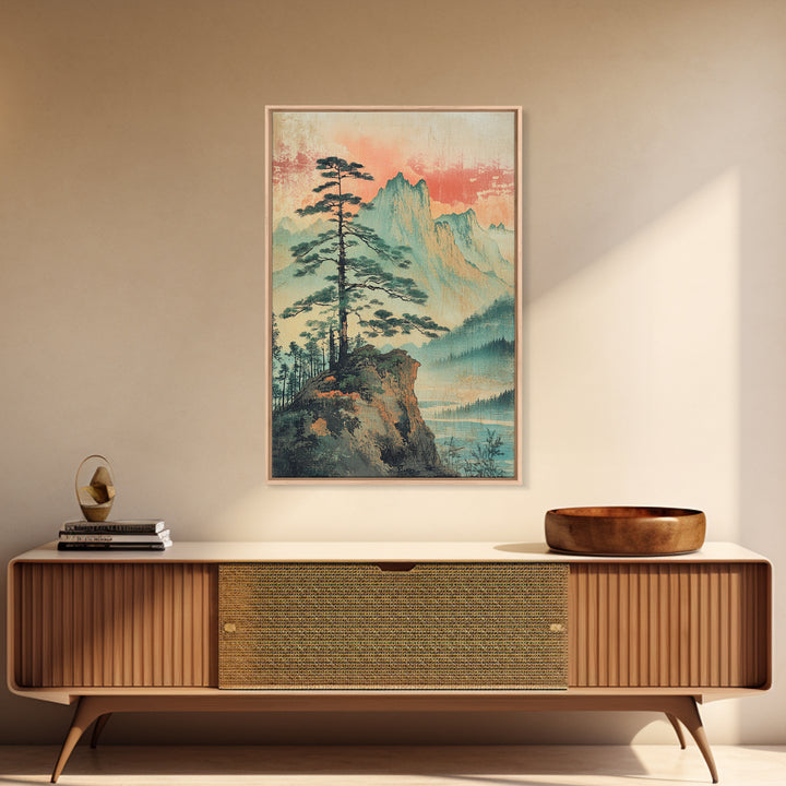 Misty Pine Cliff And Mountain Lake Wall Art, Japanese Landscape Print, Nature Wall Art, Serene Wall Art, Japandi Home Decor